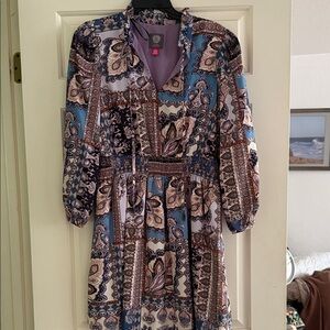 Vince Camuto Blue and Purple Paisley Long Sleeve Dress